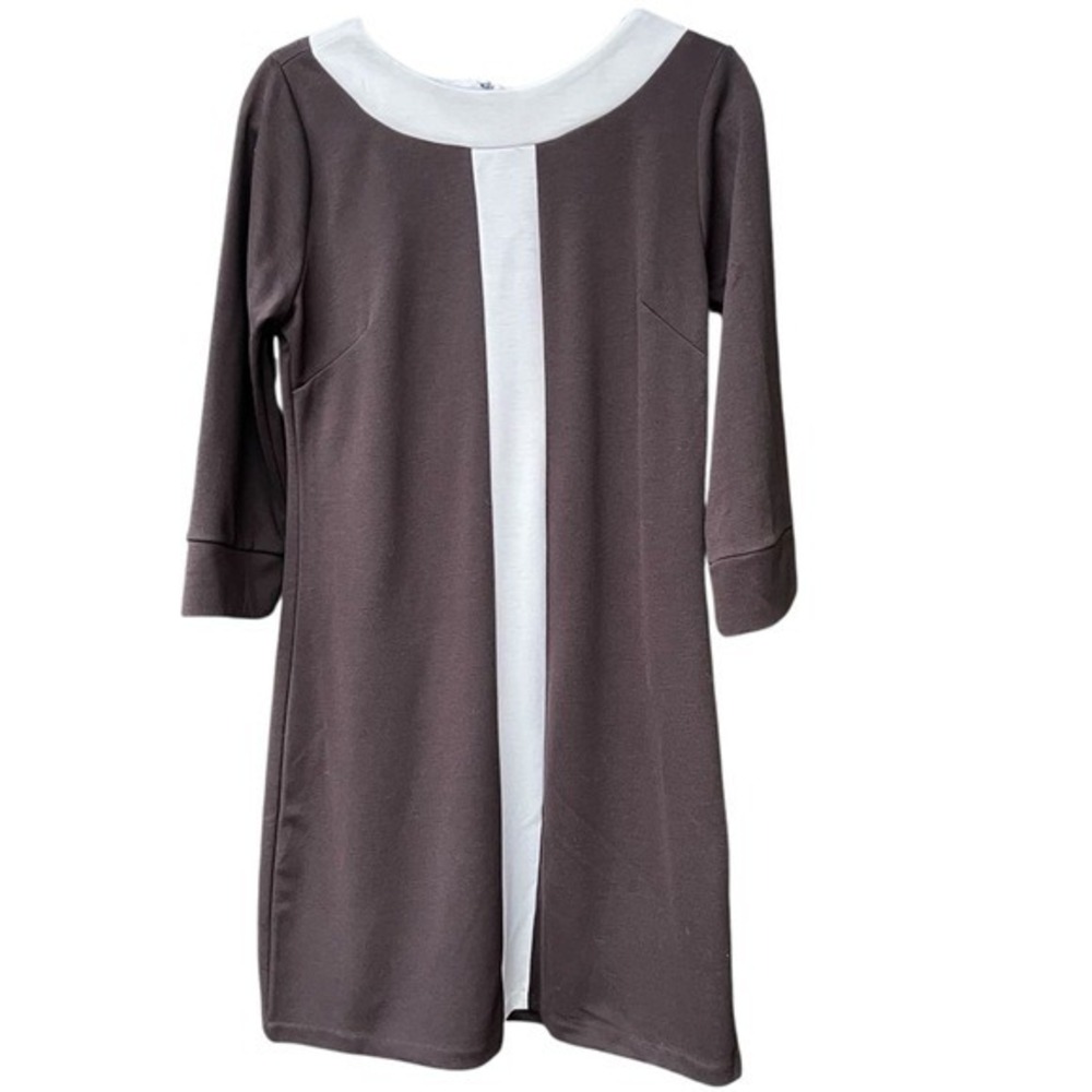 NWT Vertigo Paris Womens Shift Dress Size M Brown White Colorblock 3/4 Sleeve